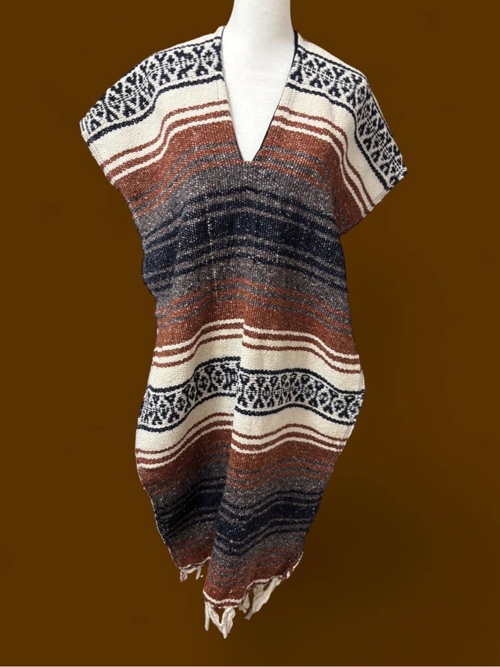 🌵Frank’s Mexican Baja Poncho Navy Rust Cream Boho Fringe Pullover